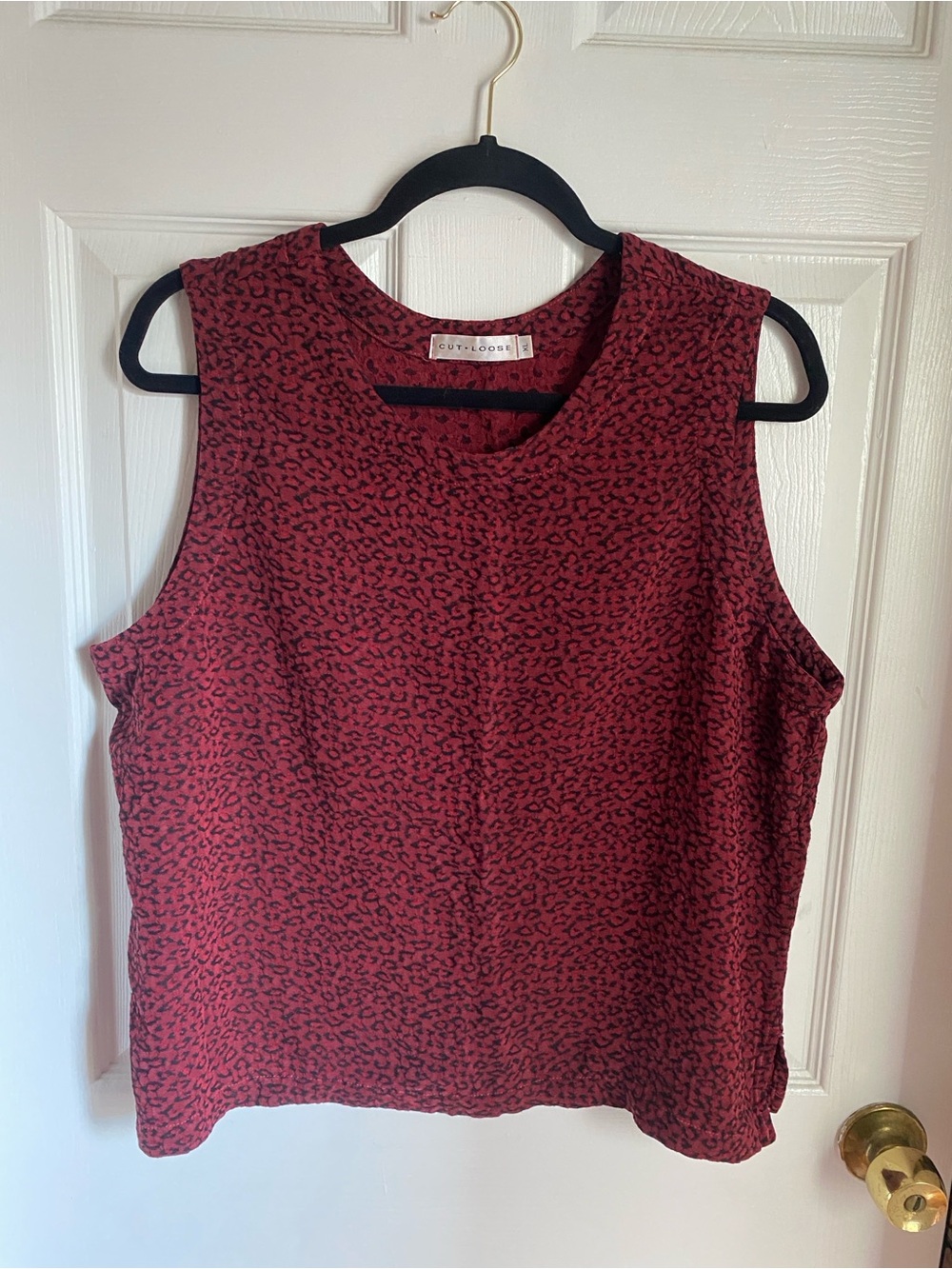 Cut Loose Textured Dark Red & Black Leopard Print Tank Top